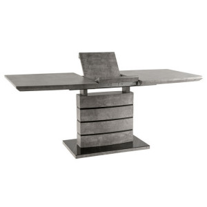 Table de repas extensible 140/180 cm pied centrale effet gris béton - vue dépliage de la rallonge - LEONAR