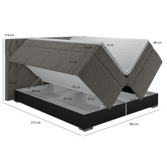 Lit boxspring avec coffre tissu gris 160x200cm - dimensions - ANNECY