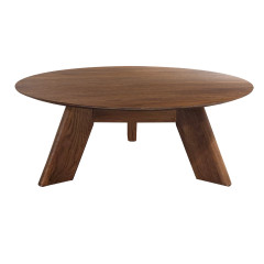 Table basse ronde en bois  brun foncé diamètre 90 cm avec 3 pieds épais incliné design moderne - ANGEL