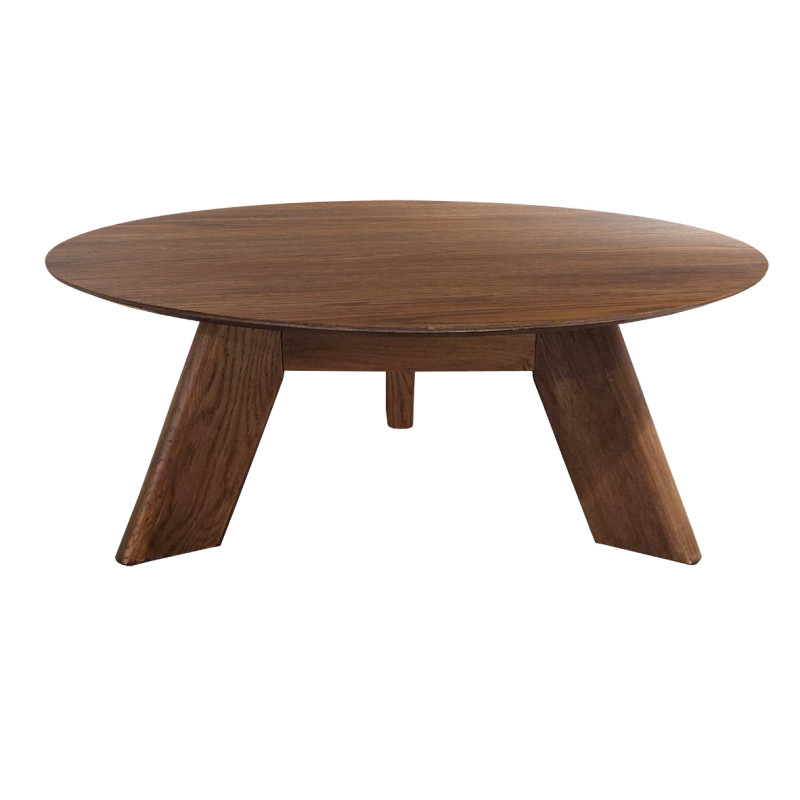 Table basse ronde en bois  brun foncé diamètre 90 cm avec 3 pieds épais incliné design moderne - ANGEL