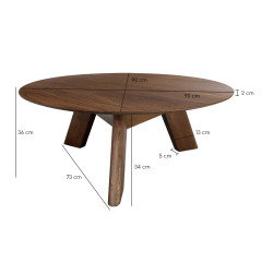 Table basse ronde en bois  brun foncé diamètre 90 cm avec 3 pieds épais incliné design moderne - dimensions - ANGEL