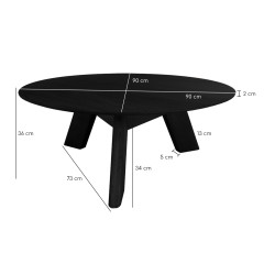 Table basse ronde en bois noir diamètre 90 cm avec 3 pieds épais incliné design moderne - dimensions - ANGEL