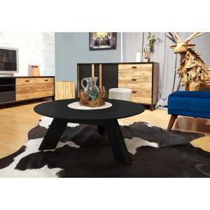 Table basse ronde en bois noir diamètre 90 cm avec 3 pieds épais incliné design moderne - photo ambiance - ANGEL