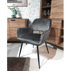 Chaise en velours gris anthracite avec accoudoirs dossier capitonné et pieds métal confortable - ARON
