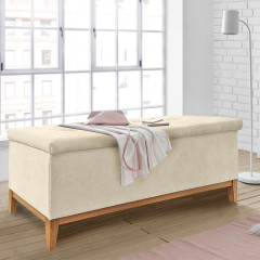 Banc de lit avec coffre de rangement en tissu doux écru et piètement en chêne - photo ambiance zoomée - LAUSANNE