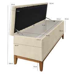 Banc de lit avec coffre de rangement en tissu doux écru et piètement en chêne - vue dimensions - LAUSANNE