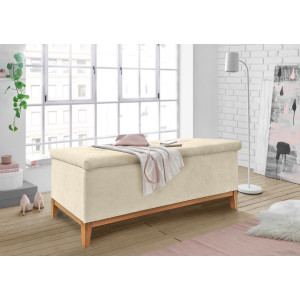 Banc de lit avec coffre de rangement en tissu doux écru et piètement en chêne - photo ambiance - LAUSANNE