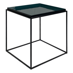 Bout de canapé / Table d'appoint carré structure en métal noir avec plateau émaillé bleu - vue de 3/4 - AZUL 8783