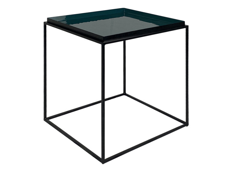 Bout de canapé / Table d'appoint carré structure en métal noir avec plateau émaillé bleu - vue de 3/4 - AZUL 8783