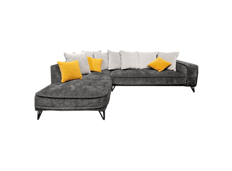 Canapé d'angle gauche tissu velours gris L 284 cm avec piètement métal noir + 11 coussins - vue de face - TESORO
