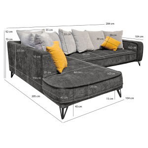 Canapé d'angle gauche tissu velours gris L 284 cm avec piètement métal noir + 11 coussins - photo avec dimensions - TESORO