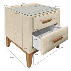 Table de chevet 2 tiroirs tissu écru et pieds chêne + éclairage LED + 2 prises USB - dimensions - KOMET