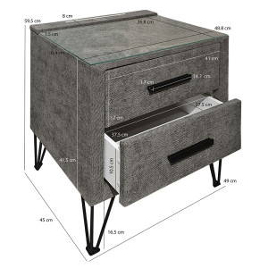 Table de chevet 2 tiroirs tissu gris et pieds métal noir + éclairage LED + 2 prises USB - dimensions - NEPTUN