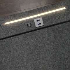 Table de chevet 2 tiroirs tissu gris chiné et pieds noir + éclairage LED + 2 prises USB - zoom sur LED - SATURN
