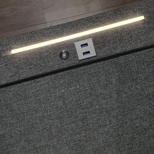 Table de chevet 2 tiroirs tissu gris chiné et pieds noir + éclairage LED + 2 prises USB - zoom sur LED - SATURN