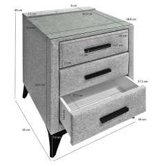 Table de chevet 2 tiroirs tissu gris chiné et pieds noir + éclairage LED + 2 prises USB - dimensions - SATURN