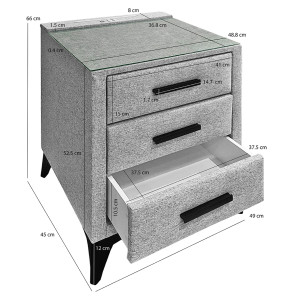 Table de chevet 2 tiroirs tissu gris chiné et pieds noir + éclairage LED + 2 prises USB - dimensions - SATURN