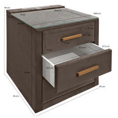 Table de chevet 2 tiroirs velours marron et pieds noir + éclairage LED + 2 prises USB  - dimensions - URANUS