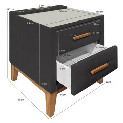Table de chevet 2 tiroirs tissu anthracite et pieds chêne + éclairage LED + 2 prises USB - dimensions - KOMET
