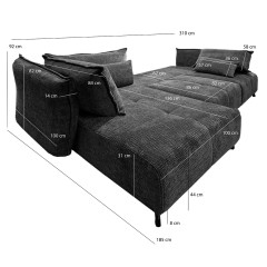 Canapé d'angle réversible et convertible en tissu velours chenille gris anthracite L310cm - vue avec dimensions - MARS