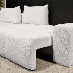 Canapé d'angle gauche convertible 4 places tissu blanc L. 304 cm pieds métal noir - photo d'ambiance mode couchage - ICEBERG