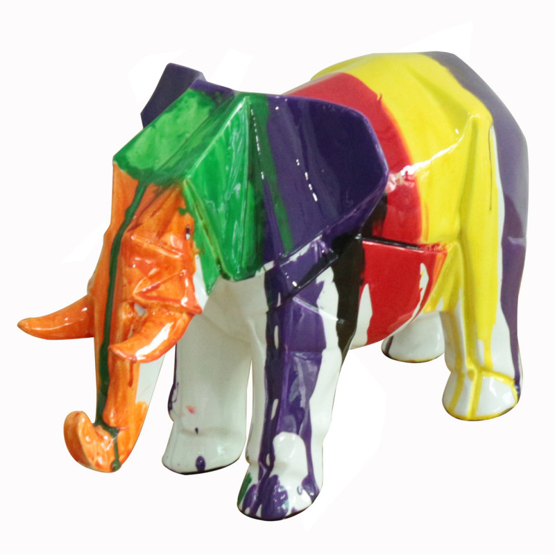 Statue éléphant géométrique en résine avec coulures de peinture multicolore 33 x 21 x 15 cm - ELEPH 8