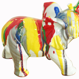Statue éléphant en résine avec coulures de peinture argenté et multicolore 17 x 21 x 9 cm - zoom peinture corps - HORTON