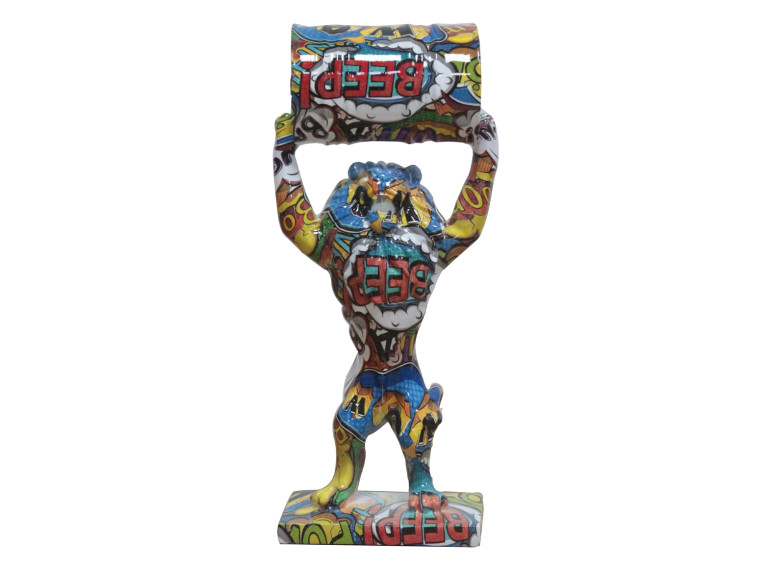 Statuette lion debout avec baril en résine motifs multicolore cartoon 15 x 32 x 10 cm - POPART