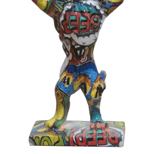 Statuette lion debout avec baril en résine motifs multicolore cartoon 15 x 32 x 10 cm - zoom bas de la statuette - POPART
