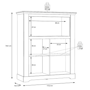 Bar en bois effet chêne clair blanchi - schéma dimensions intérieurs - ILONA