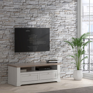 Meuble TV en bois effet chêne clair blanchi L145cm - vue en ambiance - ILONA