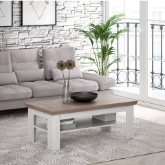 Table basse avec étagère en bois effet chêne clair blanchi - vue en ambiance - ILONA