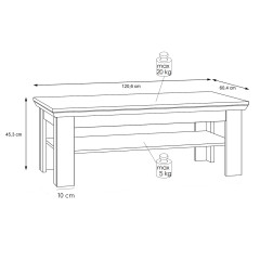 Table basse avec étagère en bois effet chêne clair blanchi - dimensions - ILONA