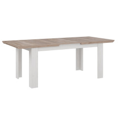 Table de repas extensible 160/206cm en bois effet chêne clair blanchi - vue de 3/4 avec rallonge - ILONA