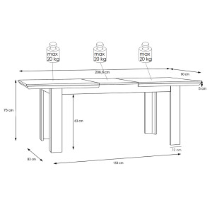 Table de repas extensible 160/206cm en bois effet chêne clair blanchi - dimensions - ILONA