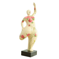 Statue femme debout en résine avec jambe pliée peinture beige et fleurs roses 24 x 60 x 19 cm - BALERINA 03