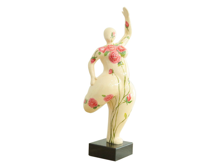 Statue femme debout en résine avec jambe pliée peinture beige et fleurs roses 24 x 60 x 19 cm - BALERINA 03