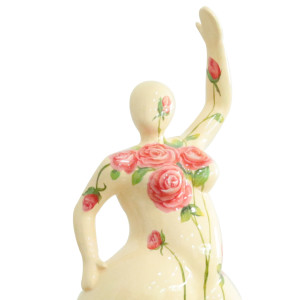 Statue femme debout en résine avec jambe pliée peinture beige et fleurs roses 24 x 60 x 19 cm - zoom haut statue - BALERINA 03