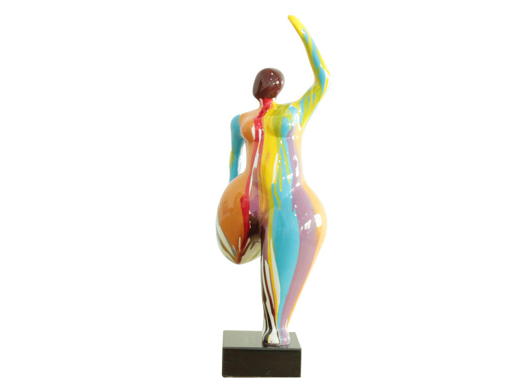 Statue femme debout en résine avec jambe pliée peintures multicolores 24 x 60 x 19 cm - BALERINA 01