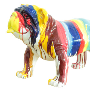 Statue chien bulldog en résine avec coulures de peintures multicolores 61 x 38 x 32 cm - zoom tête du chien - BULL 02