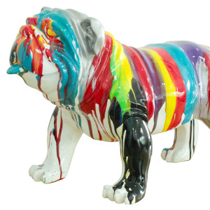 Statue chien bulldog en résine avec coulures de peintures multicolores 61 x 38 x 32 cm - zoom tête du chien - BULL 01