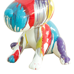Statue petit chien assis blanc en résine avec coulures peintures multicolores 27 x 25 x 27 cm - zoom corps du chien - DOGGY 02