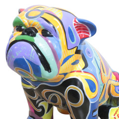 Statue chien bulldog assis en résine avec tags abstraits multicolores 28 x 43 x 45 cm - zoom tête du chien - MARLY