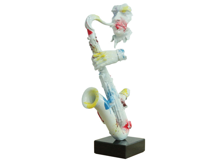 Statue saxophoniste avec saxophone en résine peinture blanche et multicolore 29 x 62 x 16 cm -  SAXO 04