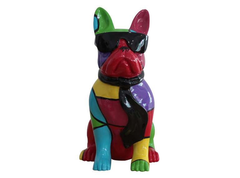 Statue chien bulldog assis en résine multicolore avec lunettes et écharpe noir 19 x 37 x 27 cm - NINO 01