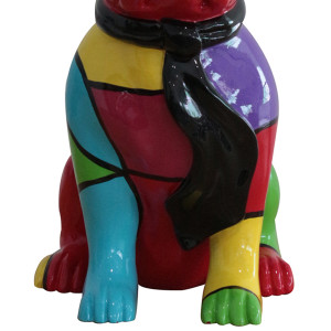 Statue chien bulldog assis en résine multicolore avec lunettes et écharpe noir 19 x 37 x 27 cm - zoom corps du chien - NINO 01
