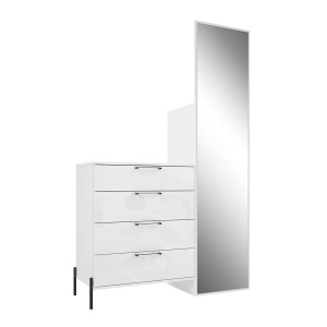 Meuble d'entrée L. 115 cm 4 tiroirs 1 miroir 1 penderie décor blanc laqué et métal noir - vue de 3/4 - ELSA