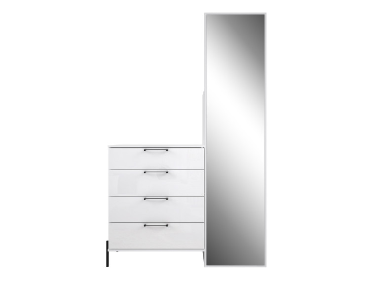 Meuble d'entrée L. 115 cm 4 tiroirs 1 miroir 1 penderie décor blanc laqué et métal noir - ELSA