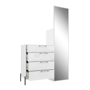 Meuble d'entrée L. 115 cm 4 tiroirs 1 miroir 1 penderie décor blanc laqué et métal noir - vue 3/4 tiroirs ouverts - ELSA