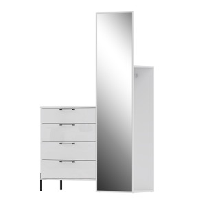 Meuble d'entrée L. 115 cm 4 tiroirs 1 miroir 1 penderie décor blanc laqué et métal noir - vue de face penderie - ELSA